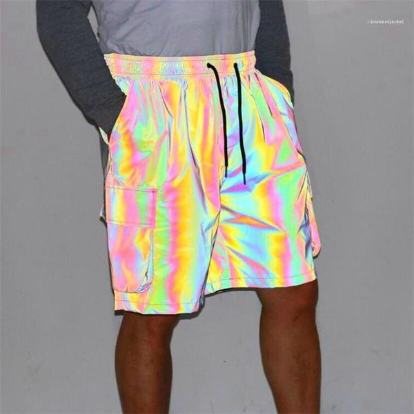 

color shorts casual elastic waist knee length pants mens reflective cargo shorts fashion hip hop style natural, White;black