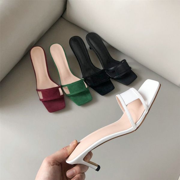 

brand design women slippers elegant open toe thin high heels 5cm slippers summer outdoor beach suede leather shoes, Black