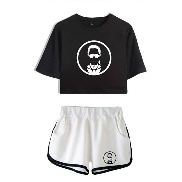 

luckyfriday lagerfeld two-piece summer cotton print t-shirt women's suit crop karl fashion + shorts xs-2xl q190522, White;black