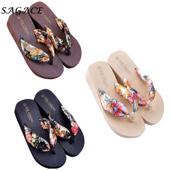 

sagace summer slippers 2020 women bohemia floral beach sandals 2.5cm heel flip flops slippers 22.5-24.5cm, Black
