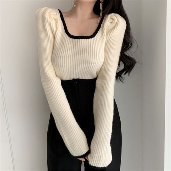 

spring fashion bubble sleeve french style retro soft square collar leaky collarbone long sleeve knitted sweater, White;black