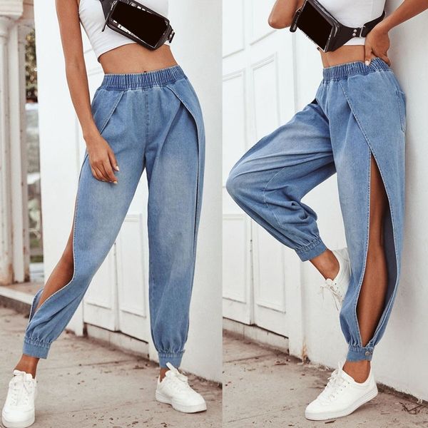 

septhydrogen brand designer women jeans boyfriend jeans for women denim split legs streetwear high waist sports pants loose pants jeans muje, Blue