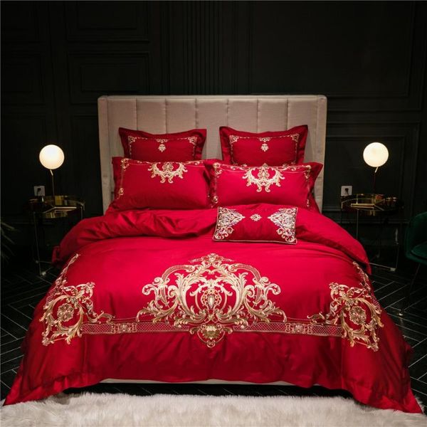 

New Luxury 120S Egyptian cotton Embroidered Bedding set  King Royal Red Duvet cover Bed sheet set Pillowcase 4/6pcs