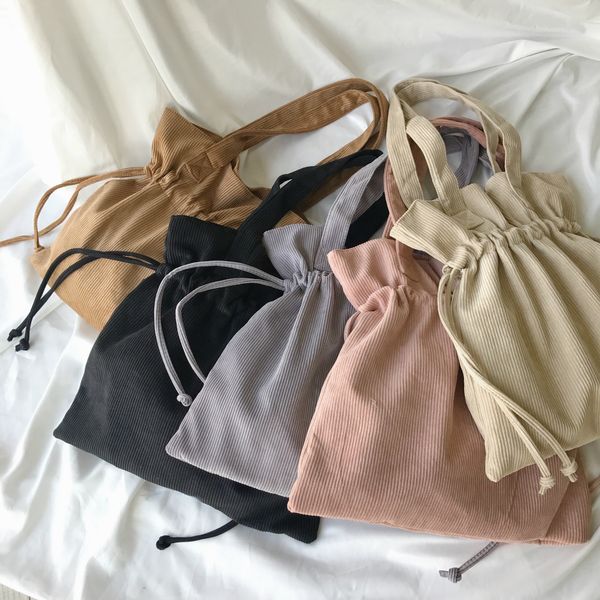 

women corduroy shoulder bags large capacity drawstring canvas cloth handbag tote big eco shopping bag college school books bag
