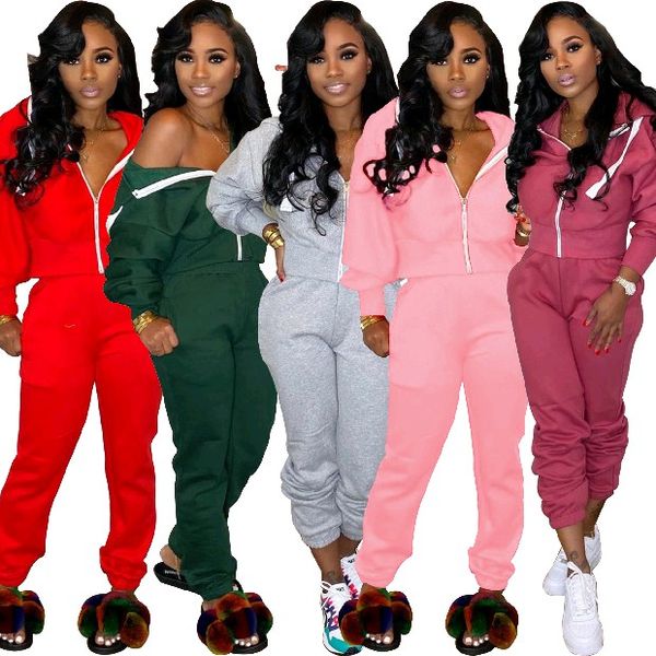 

solid autumn women two piece tracksuits casual zipper with hood and pants tracksuit sweatsuit outfits, Gray