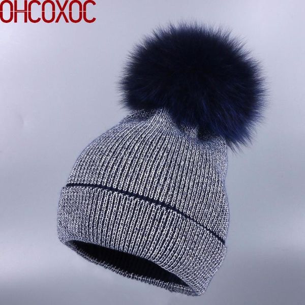

ohcoxoc new women beanies real fur pom poms ball cap keep warm beanies skullies autumn woman fashion cashmere winter hat, Blue;gray