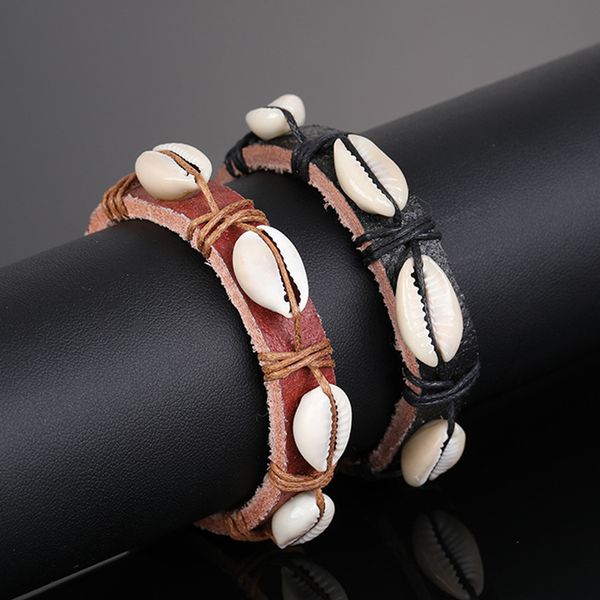 

fashion bracelet leather braided bracelets for women men handmade jewelry beads shell charms adjustable bangle bracelets black brown color, Golden;silver