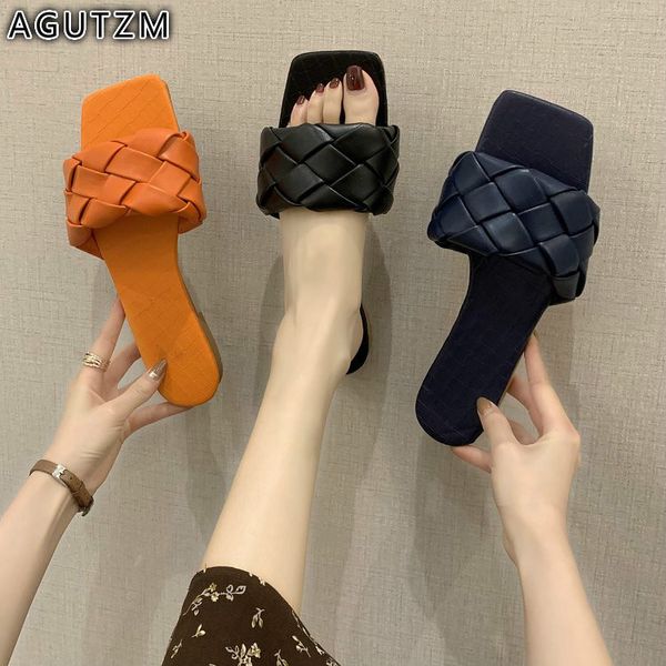 

agutzm 2020 новый бренд тапочки weave кожа женщины сандал open toe плоский повседневный слайды летний открытый пляж женщины вьетнамки m23, Black