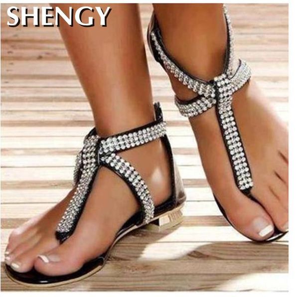 

shengy women summer sandals ladies leisure crystal bling flat footwear hollow gladiator zipper sandals lace up soft shoes, Black