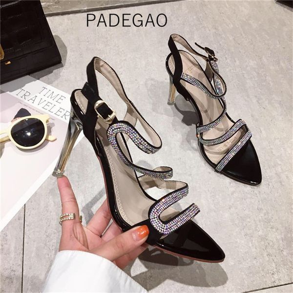 

2020 women sandals party luxury crystal korean woman sandals elegant casual high heels, Black