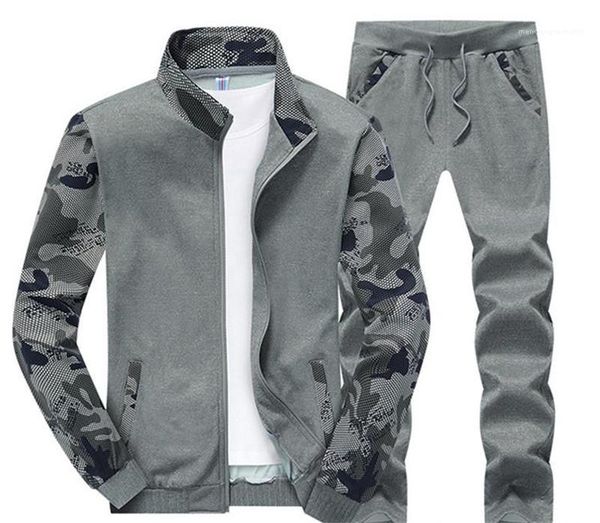 

2pcs sets sports cardigan mens two piece sets male clothing camouflage designer mens tracksuits long sleeve panelled printed mens, Gray