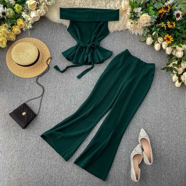 

fashion woman 2 pieces sets outfits slash neck bandage crop and trumpet pants 2020 new autumn ladies casual suit set, Gray