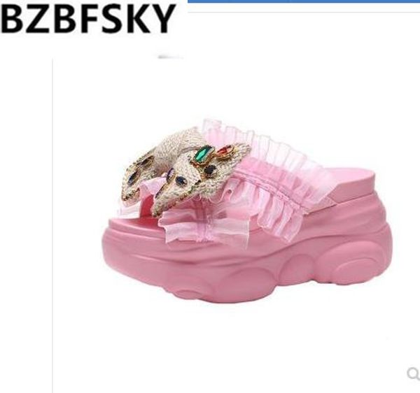 

butterfly-knotted slippers for summer fashion wear the new european station muffin thick-soled inner-height thick soles slippers, Black