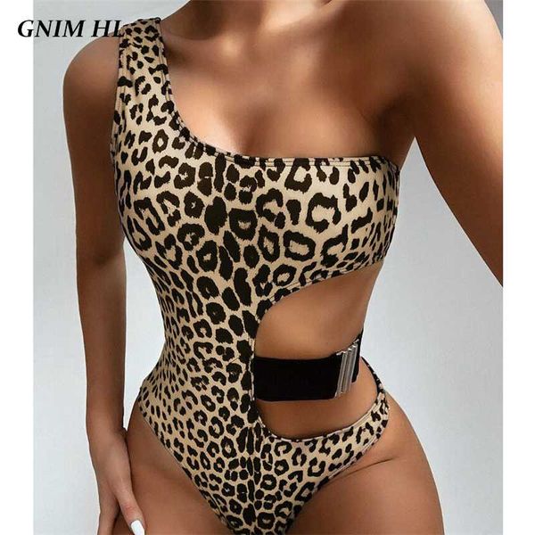 

gnim one shoulder bikini mujer 2020 leopard print swimwear women one piece hollow out brazilian swimsuit beachwear biquini, White;black