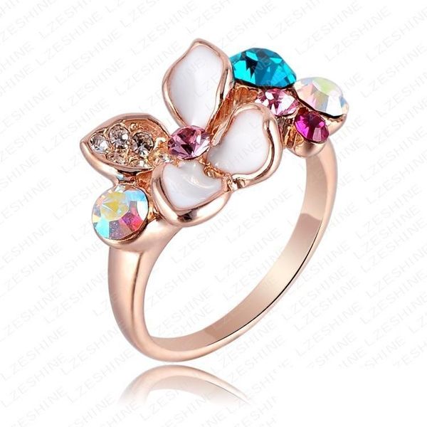 

fashion women wedding ring multicolor austrian crystals swa elements rings18k rose gold plate white enamel flower ring nr009, Golden;silver