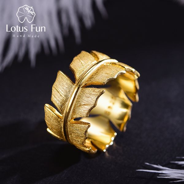 

lotus fun real 925 sterling silver natural original handmade designer fine jewelry elegant soft feather rings for women bijoux, Golden;silver