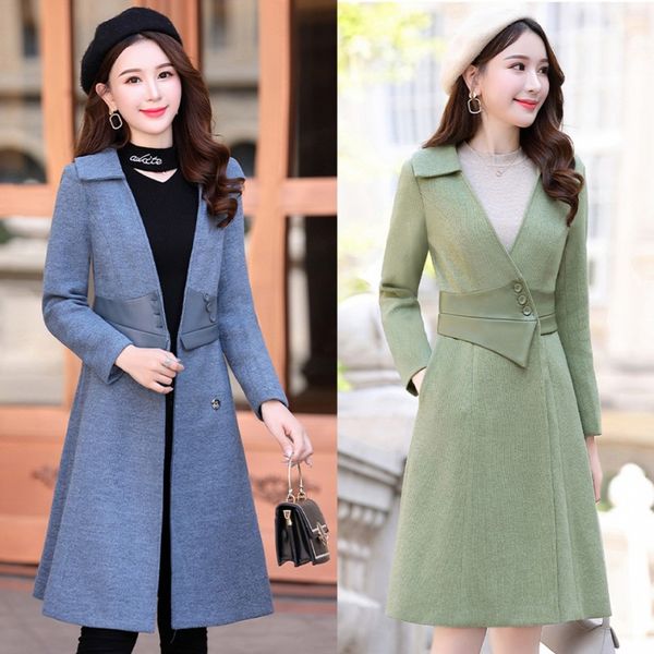 

slim women woolen coat new pu leather stitching design unique single breasted overcoat v neck elegant charm winter outerwear, Black