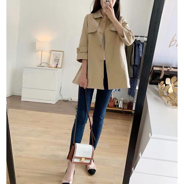 

women's trench coats women 2021 spring and autumn lapel mid-length windbreaker coat a-line long, Tan;black