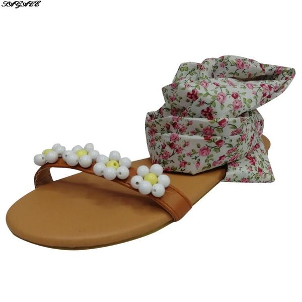 

sagsce summer elegant female sandals flat bottom flower design beaded open toe casual beach shoes cross strap sandals, Black