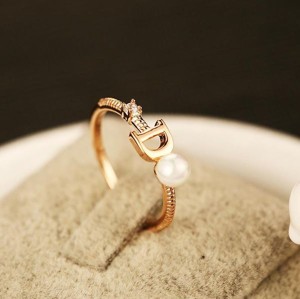 

rose gold rings for women imitation pearl letter d cz diamond ring fashion korea design r00044, Silver