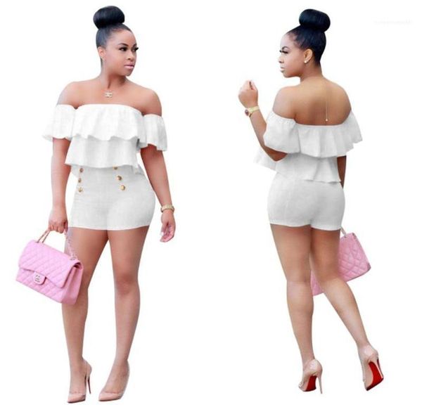 

womens 2pcs sets summer high waist shorts womens casual sets solid color ladies clothing pleated ruffle sleeve, White