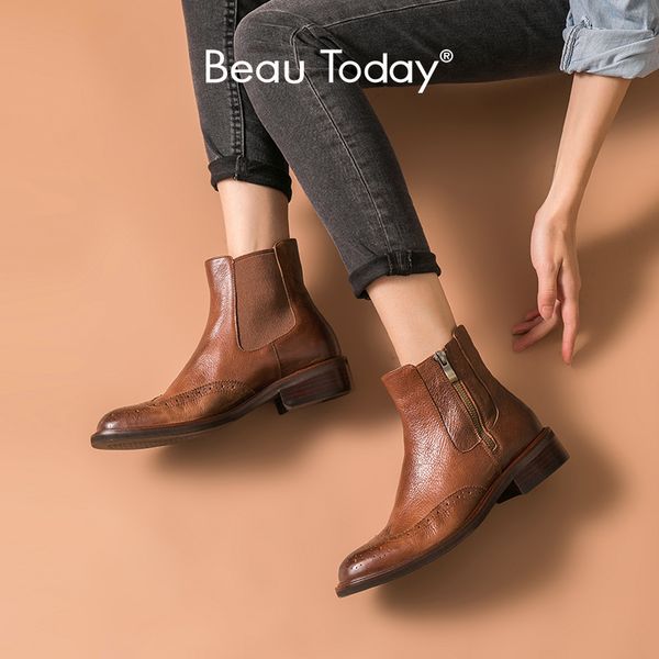 

beautoday ankle boots women genuine cow leather waxing round toe zipper closure winter lady brogue boots handmade 03285, Black