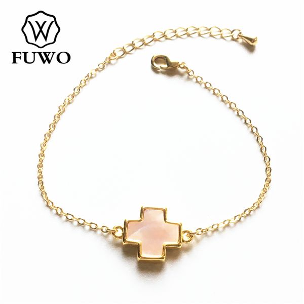 

fuwo fashion seashell bracelet with gold filled chain pink/white/black/abalone cross shell bracelet jewelry wholesale br522
