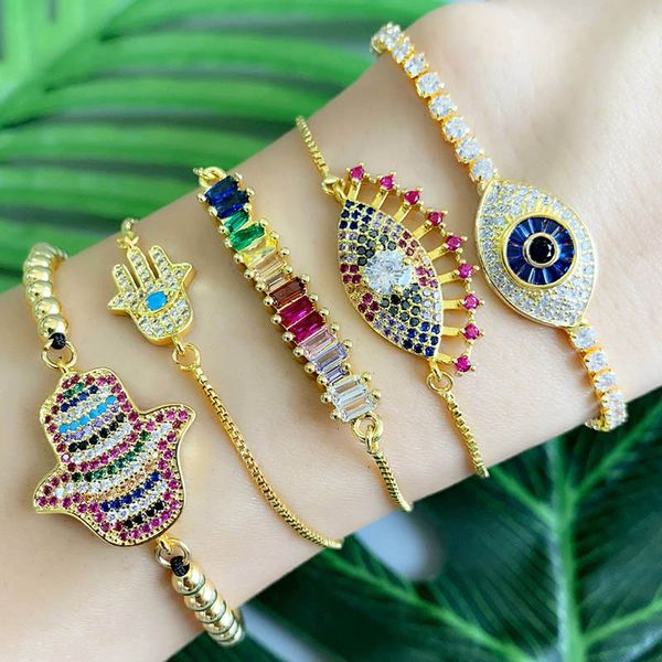 

fashion gold color evil eye bracelet for women rainbow cz zircons colorful adjustable bracelets accessories gifts jewelry, Black