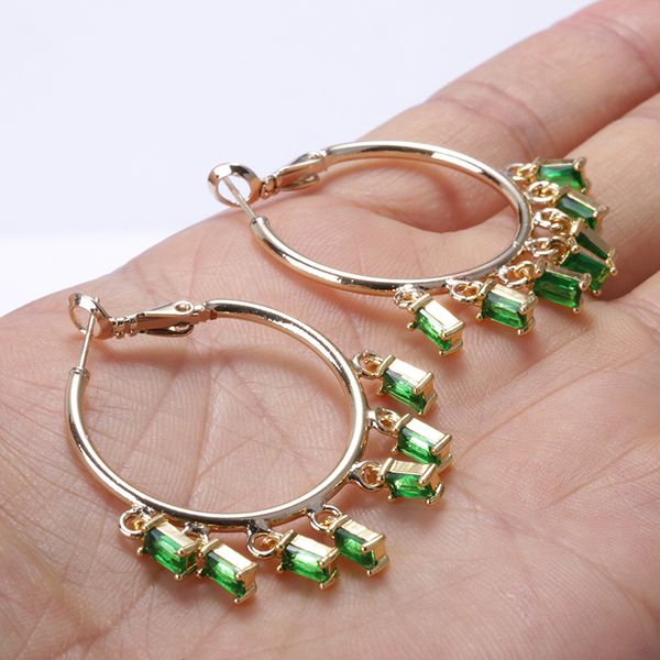 

multiple retro green rectangle glass crystal beads dangle chandelier charm gold big hoop earring for woman elegant daily jewelry, Golden;silver