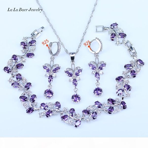 

lady 925 sterling silver jewelry sets pink crystal white zircon bracelet necklace pendant long earrings chain for women, Black