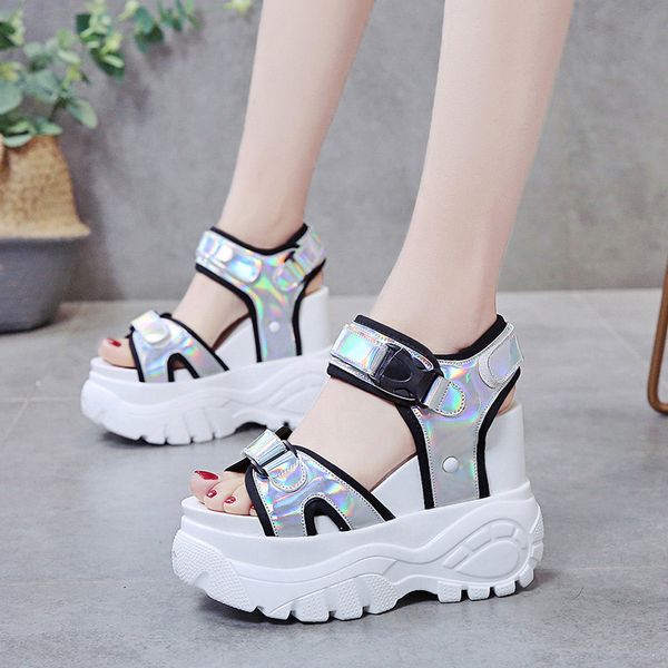 

2020 women platform sandals muffin super high heels bottom chunky student height increase summer beach shoes sandalias mujer, Black