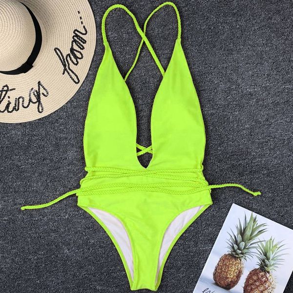 

diy long strap around neon one piece swimsuit female high leg cut swimwear women deep v neck monokini 2019 bathing suit bodysuit
