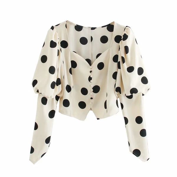 

2020 new women polka dot shirt long puff sleeves v-neck crop elegant vintage female shirts femme mujer blouse, White