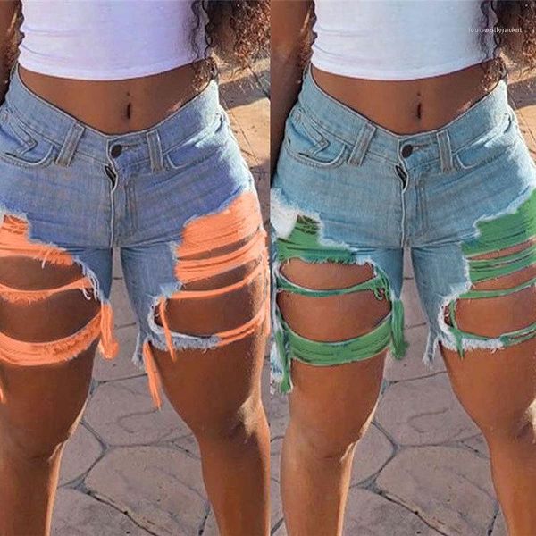 

plus size womens clothing summer female designer short jeans fashion big hole tassel contrast color shorts, Blue