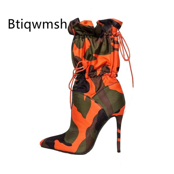 

boots orange satin elastic women pointed toe lace up mixed color camouflage high heel female fashion ankle, Black