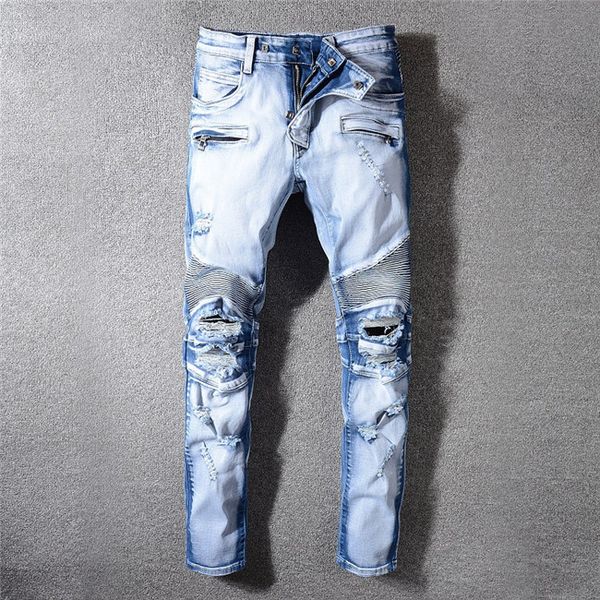 

fashion new men jeans cool mens distressed ripped jeans fashion mens designer motorcycle biker jeans causal denim pants hip hop clothing, Blue