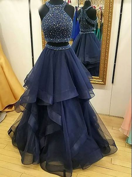 Due pezzi abiti da ballo blu navy con perline di cristallo abito da sera per feste di laurea di grado 8 con volant abito da ballo lungo in tulle