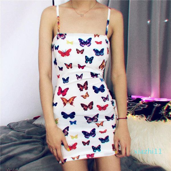 

high street butterfly print spaghetti strap sheath dress women 2020 summer bodycon backless ladies party mini dress, Black;gray