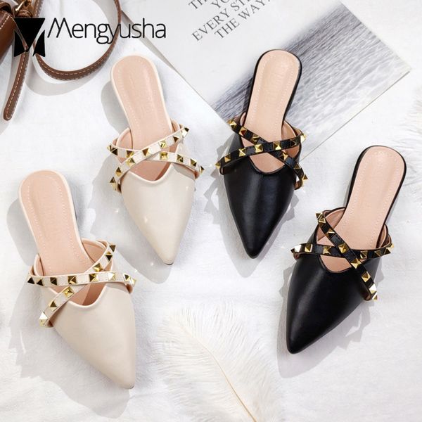 

2020 rivet shoes woman sandals leather belt strap slippers casual slip on slides flip flops closed toe pantufa studs slippers, Black