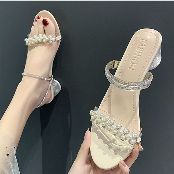 

two ways pearl round transparent high heels shoes women slip on sandalias slingback crystal beads clear band women sandals 2020, Black