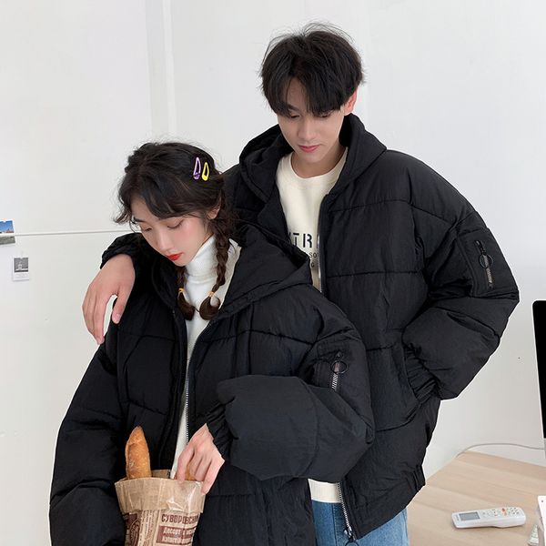 

2020 autumn and winter new korean version of the personality couple solid color loose casual hooded thick cotton clothing, Black