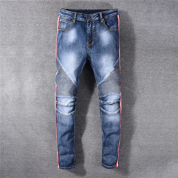 

mens designer jeans hip hop pants stylist jeans distressed ripped biker jean slim fit motorcycle biker denim for men, Blue
