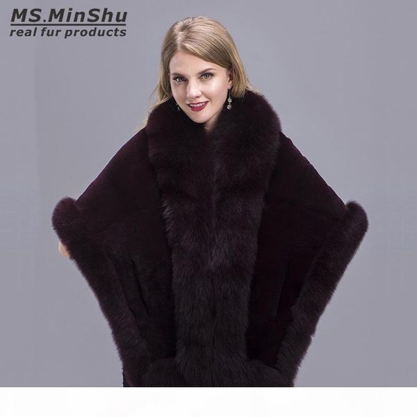 

women shawl fox fur trimmed genuine fox fur wrap winter female cape fox fur trimmed stole winter warm poncho, Blue;gray
