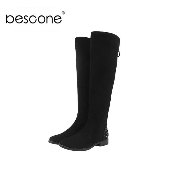 

boots bescone women basic winter over-the-knee cow suede shoes solid zipper low square heel round head ladies bc468, Black