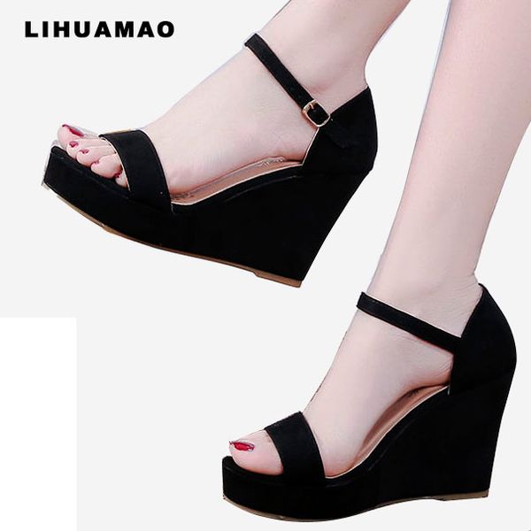 

sandals lihuamao peep toe wedges for women high heel ankle strap platform beach ladies pumps casual shoe, Black