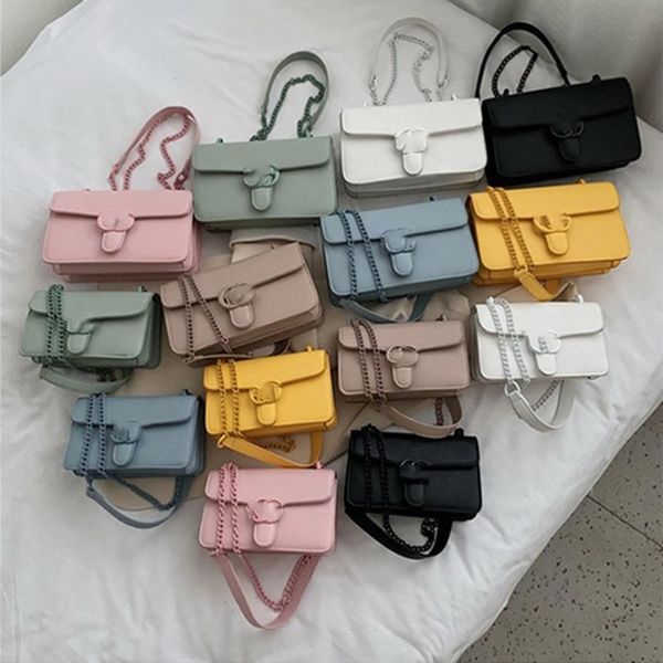 

women brand designer cross body bags pu leather candy color chain flap letter solid handbag double belt travel bags large capacity 0207