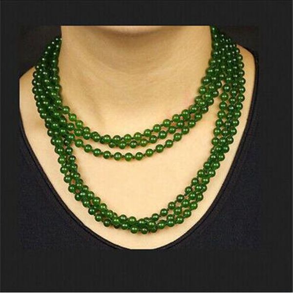 

36 pouces rond vert jade 6mm pierres prÃ©cieuses collier 3row, Silver