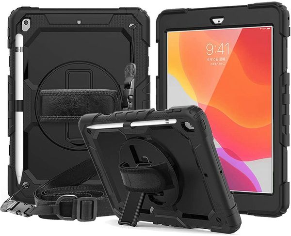 capa de armadura resistente Alça de mão Alça de ombro 360 Estojo protetor giratório Kickstand para novo iPad 10.2 2019 iPad 7ª geração 2019 10.2