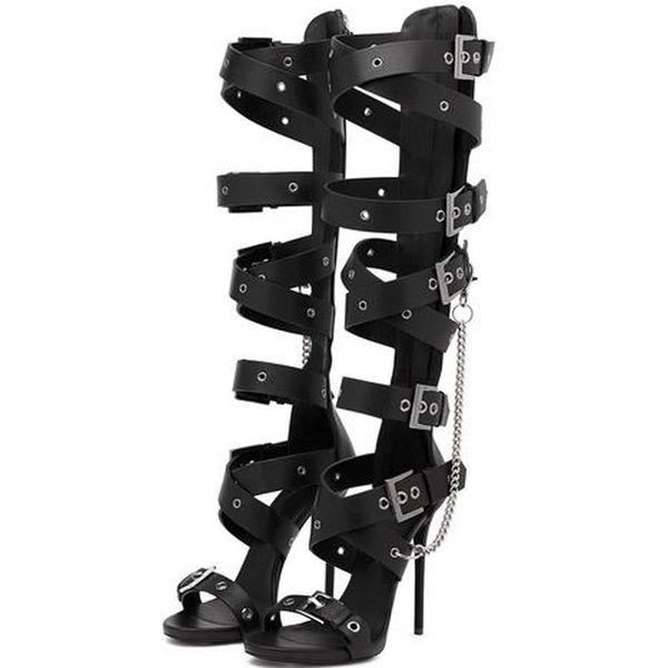 

summer ladies metal buckle hole straps knee high sandals boots stiletto high heels metal chains women cut out long botas, Black