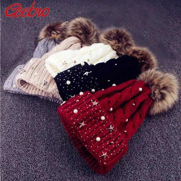 

geebro new style star beads beanie lovely pompom hat for female girls outdoor warm knitted shiny skull cap for winter autumn, Blue;gray